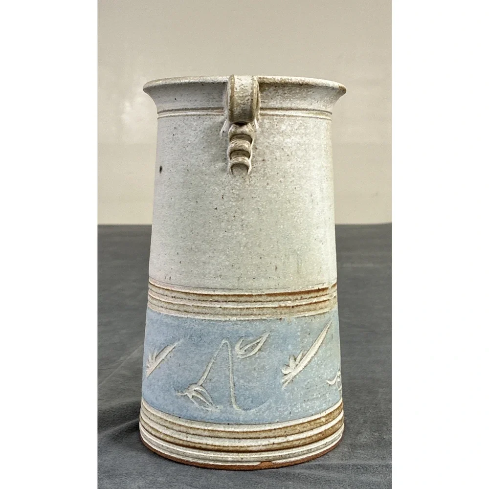 Studio Art Pottery Vase Handmade Coastal Scene Signed Double Handles 8.5